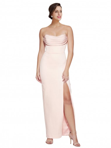Discount Cowl Neck Strapless Stretch Satin Prom Dress with High Split UK