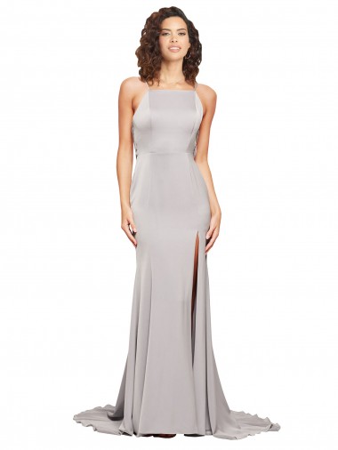 Discount High Neck Low Back Long Full Length Stretch Satin Prom Dress UK