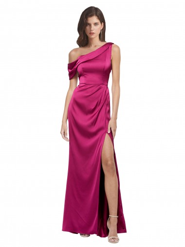Discount Off the Shoulder Short Sleeves Stretch Satin Prom Dress with Side Slit UK