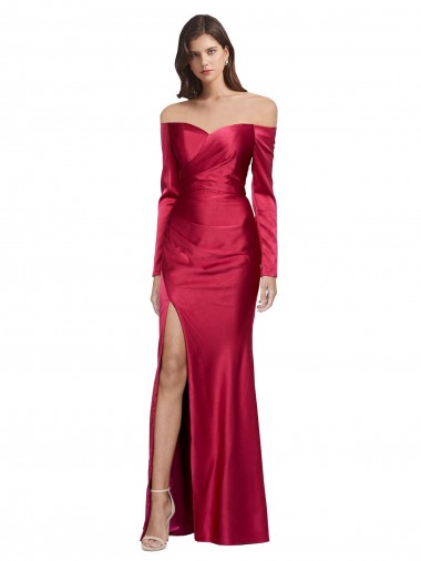 Discount Long Sleeves Off the Shoulder Stretch Satin Prom Dress with High Side Split UK