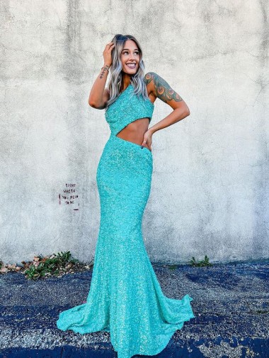 Discount Mermaid One Shoulder Sleeveless Long Sweep Train Velvet Sequin Prom Dress UK