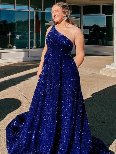 Discount A-Line One Shoulder Sleeveless Long Sweep Train Velvet Sequin Prom Dress with Pockets UK