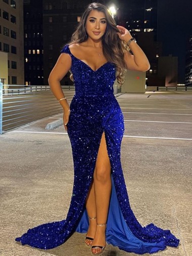 Discount V-Neck Sleeveless Long Sweep Train Velvet Sequin Prom Dress with Slit UK