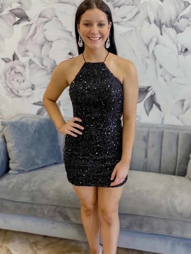 Discount Halter Sleeveless Short Velvet Sequin Prom Dress UK