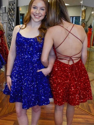 Discount A-Line Spaghetti Straps Sleeveless Short Velvet Sequin Prom Dress UK