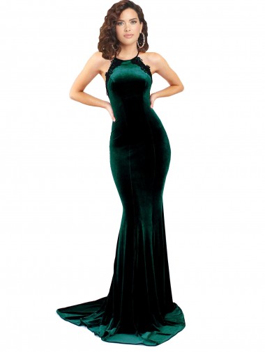 Discount High Neck Stretch Velvet Prom Dress with Black Lace Embroidery UK