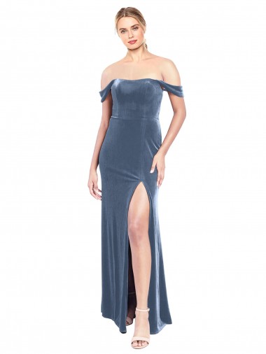 Discount Draped Sleeves Wide Scoop Neck Off the Shoulder Velvet Prom Dress UK