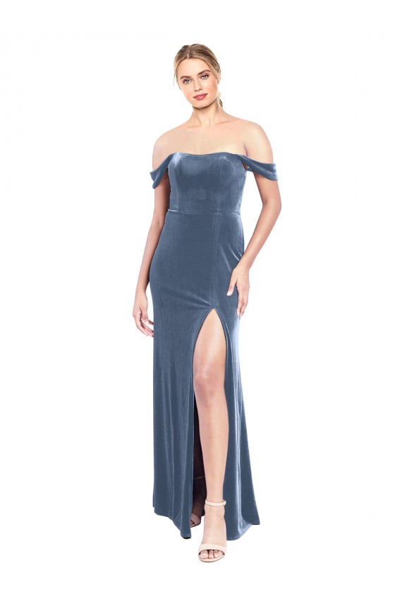 Draped Sleeves Wide Scoop Neck Off the Shoulder Velvet Prom Dress
