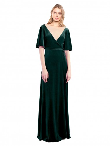 Discount Deep V-Neck Flutter Sleeves Long Velvet Wrap Prom Dress UK