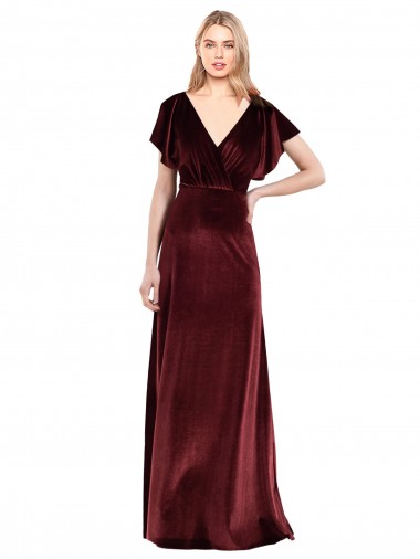 Discount Flutter Sleeves Open Back Long Velvet Prom Dress UK