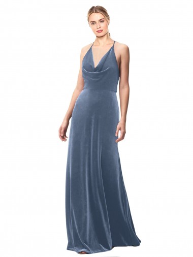 Discount Halter Cowl Neck Long A-Line Velvet Prom Dress with Keyhole Back UK