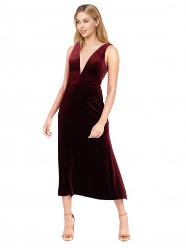 Discount Daring Plunging V-Neckline Short Midi Length Velvet Cocktail Prom Dress / Homecoming Dress UK