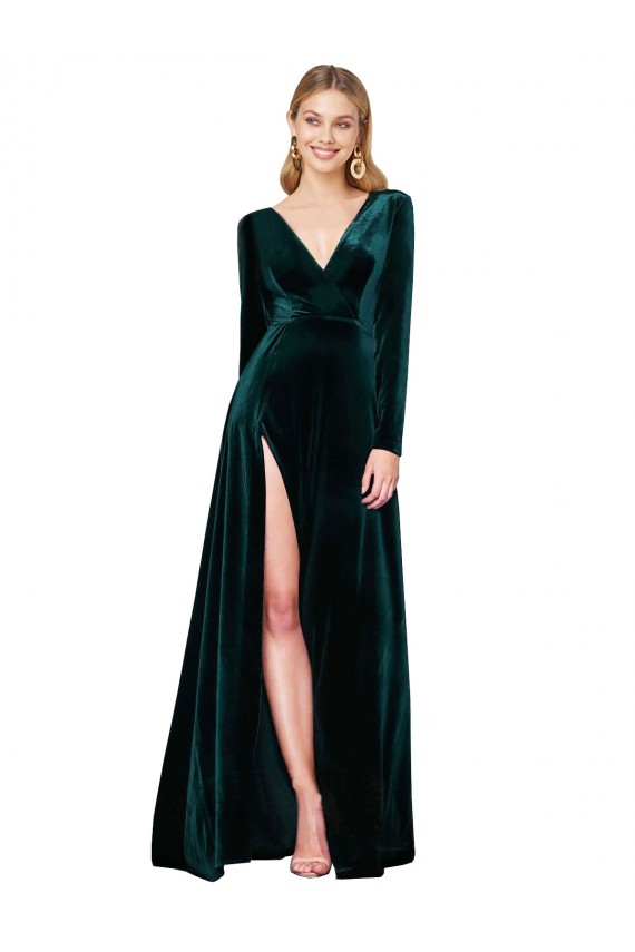 Deep V-Neck Long Sleeves Velvet Prom Dress with High Side Split