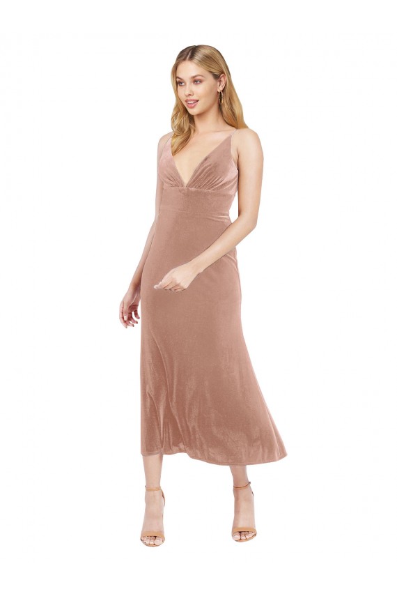 Midi Length Short V-Neck Velvet Cocktail Prom Dress / Homecoming Dress with Notched Neckline