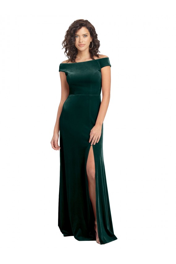Floor Length Cap Sleeves Long Velvet Prom Dress with High Side Slit