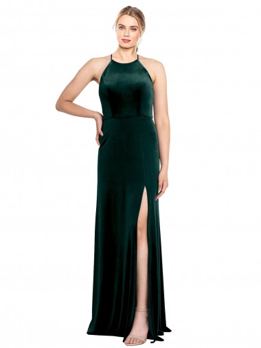 Discount Long Jewel Neck Full Length Velvet Prom Dress with Side Slit UK