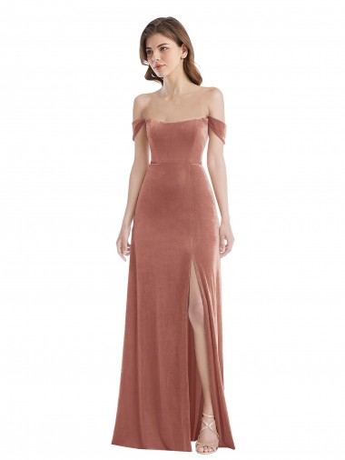 Discount Off the Shoulder Flounce Sleeve Velvet Maxi Prom Dress & Pockets UK