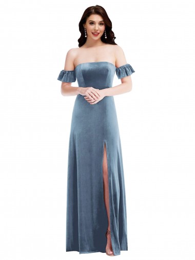 Discount Ruffle Sleeve Off the Shoulder Velvet Maxi Prom Dress UK