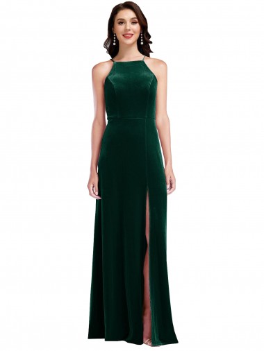 Discount Velvet Halter Maxi Prom Dress with Front Slit & Pockets UK