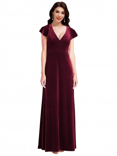 Discount Flutter Sleeve Velvet Maxi Prom Dress with Pockets UK