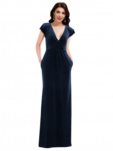 Discount Flutter Sleeve Wrap Bodice Velvet Maxi Prom Dress with Pockets UK