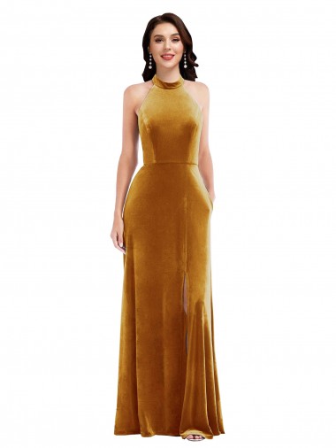 Discount High-Neck Halter Velvet Maxi Prom Dress with Front Slit UK