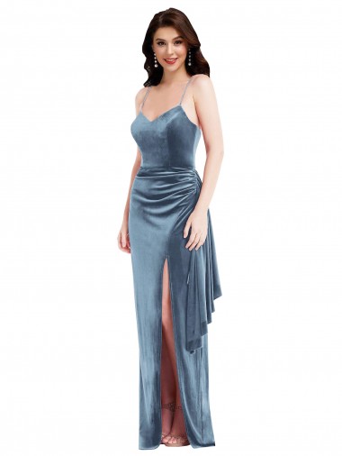 Discount Spaghetti Strap Velvet Maxi Prom Dress with Draped Skirt UK