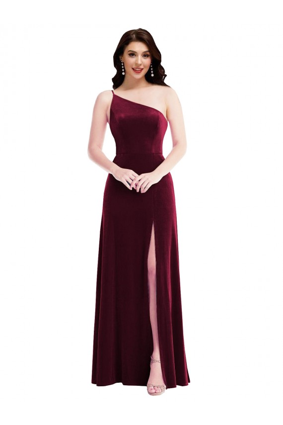 One Shoulder Spaghetti Strap Velvet Maxi Prom Dress with Pockets