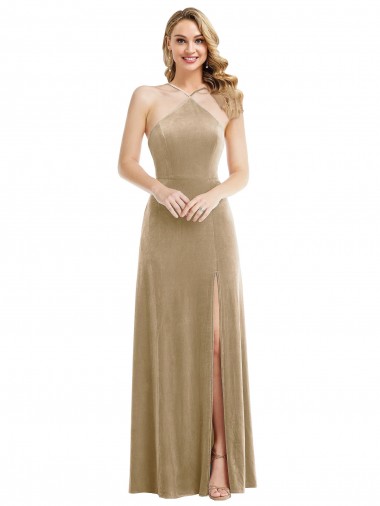 Discount High Neck Halter Open Back Long Velvet Maxi Prom Dress with Pockets UK