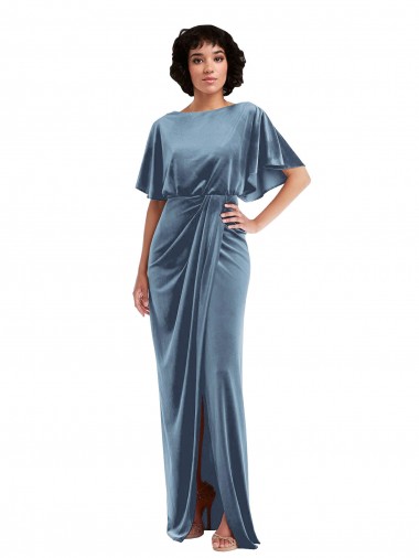 Discount Flutter Sleeve Open Back Velvet Maxi Prom Dress with Pockets & Draped Wrap Skirt UK