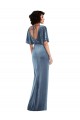 Flutter Sleeve Open Back Velvet Maxi Prom Dress with Pockets & Draped Wrap Skirt