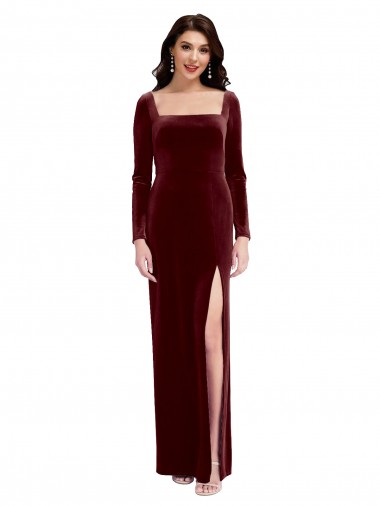 Discount Sleek Square Neck Spaghetti Straps Velvet Prom Dress with Side Slit UK
