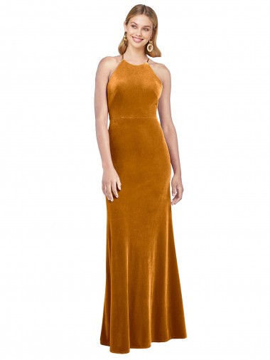 Discount Halter Neckline Long Full Length Velvet Prom Dress with Strappy Back UK