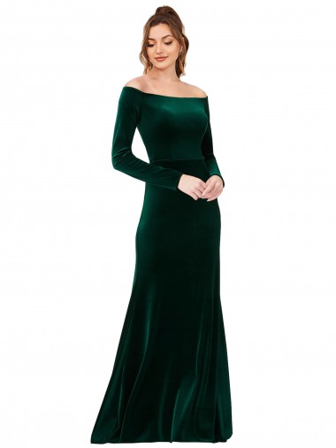 Discount Off the Shoulder Long Sleeves Stretch Velvet Prom Dress UK