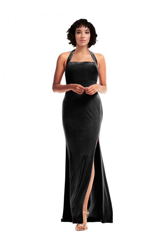Empire Waist Stretch Velvet Prom Dress with Halter Strap