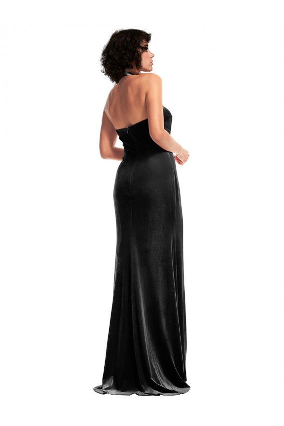 Empire Waist Stretch Velvet Prom Dress with Halter Strap