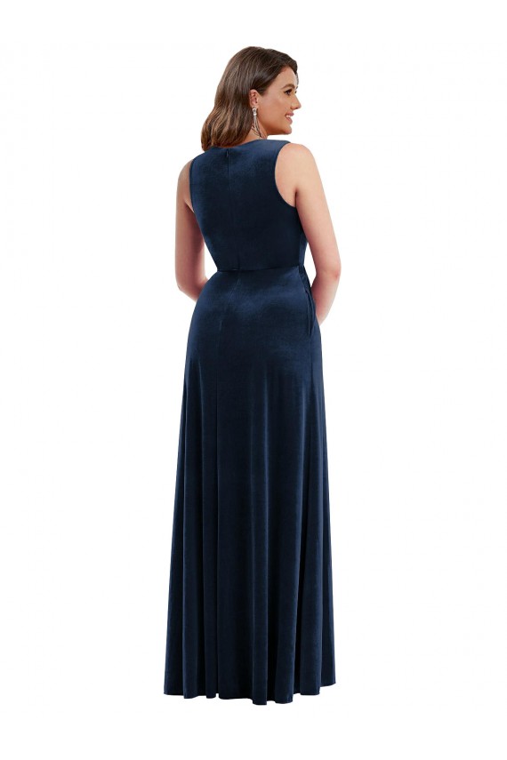 Deep V-Neck Sleeveless Velvet Maxi Prom Dress with Pockets