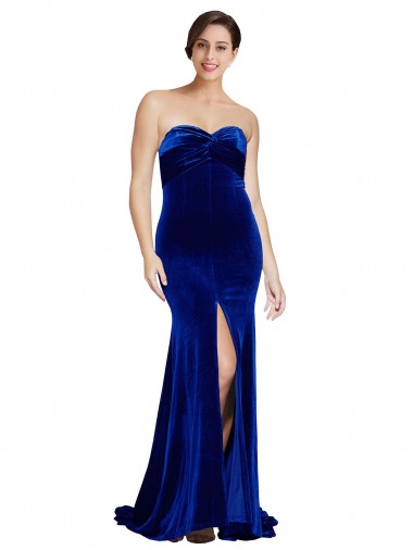 Discount Strapless Ruched Velvet Prom Dress with Sweep Train and Front Slit UK