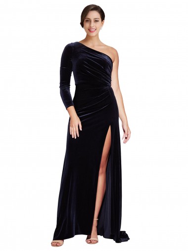 Discount One Sleeve Long Velvet Prom Dress with Thigh High Split UK
