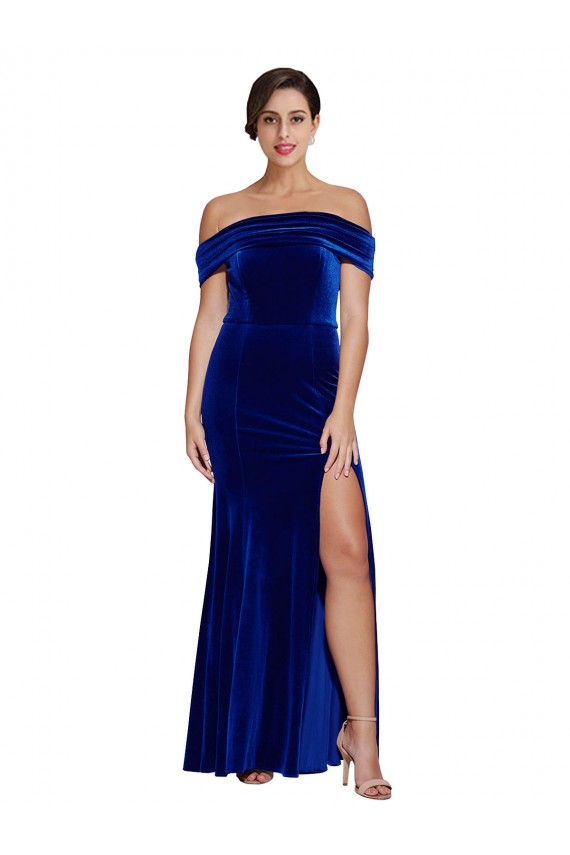 Full Length Long Velvet Prom Dress with Side Split