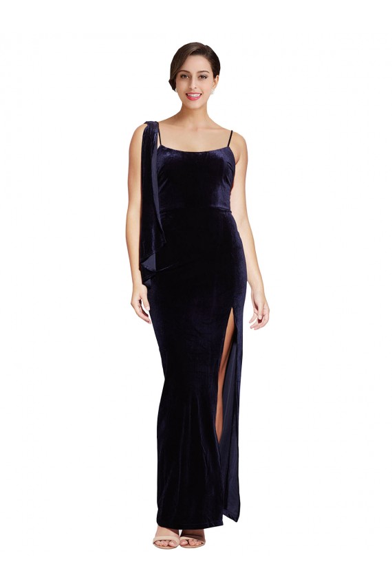 Long Velvet Prom Dress with Side Thigh Split and Shoulder Tie