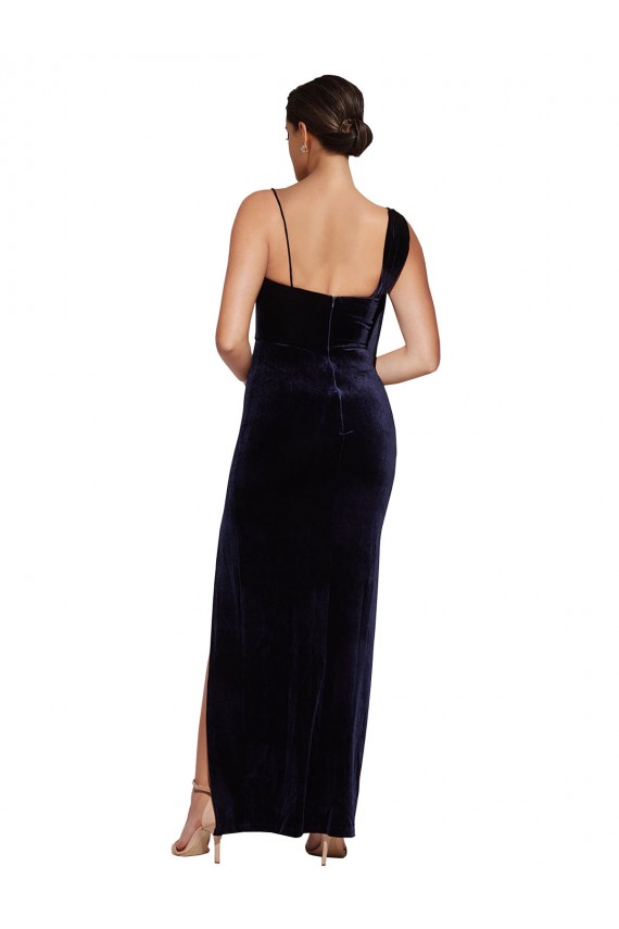Long Velvet Prom Dress with Side Thigh Split and Shoulder Tie
