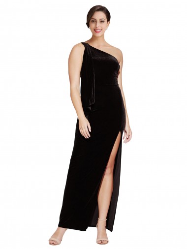 Discount One Shoulder Long Velvet Prom Dress with Side Split and Shoulder Tie UK