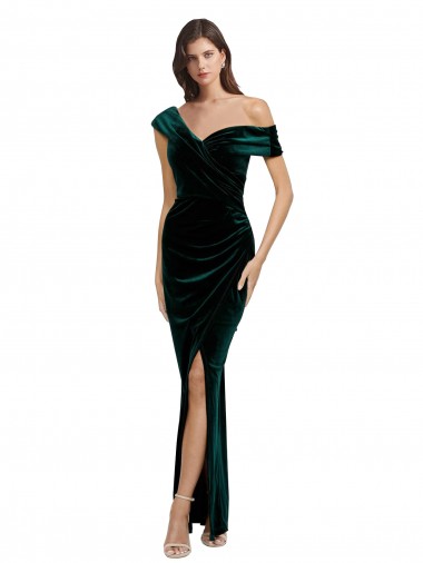 Discount Long Asymmetric Neckline Ruched Velvet Prom Dress UK