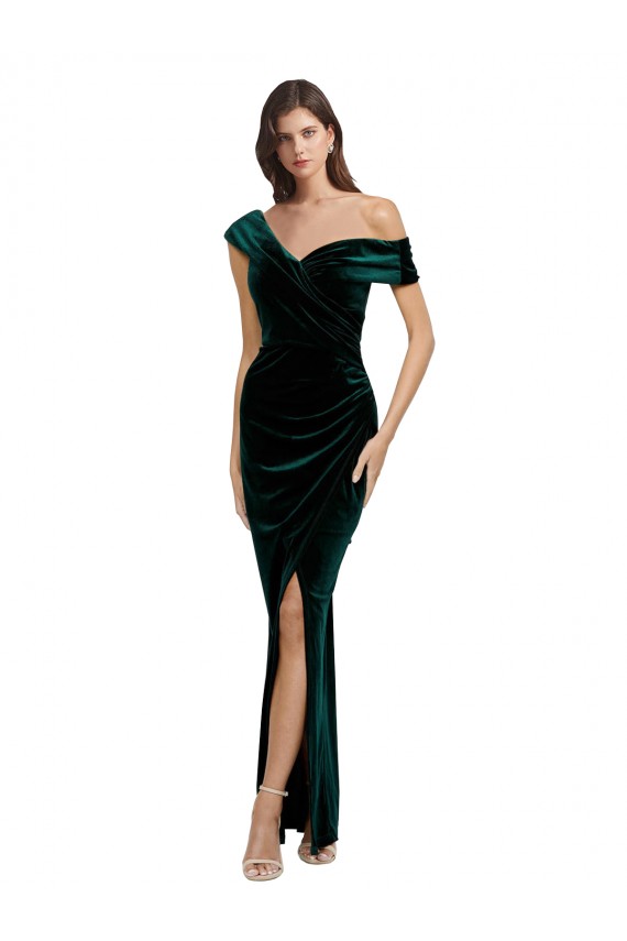 Long Asymmetric Neckline Ruched Velvet Prom Dress